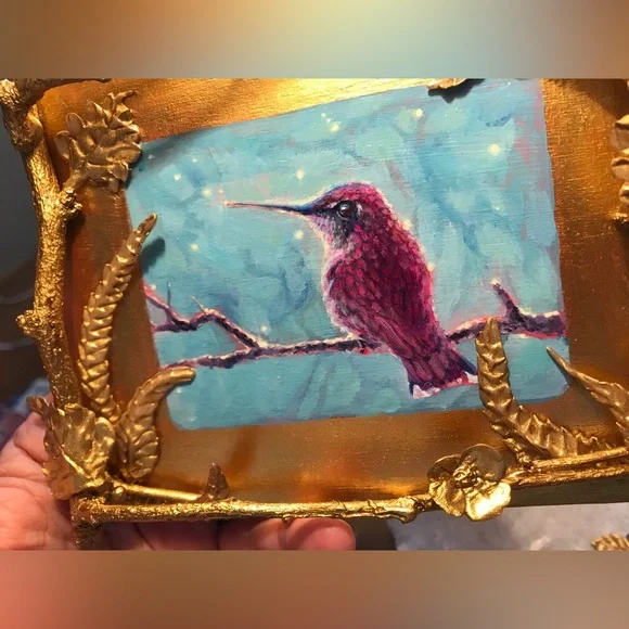 Magenta hummingbird original painting sculpture bird artwork Ooak fantasy art - Picture 6 of 8